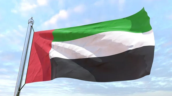 Havada dokuma ülke Birleşik Arap Emirlikleri bayrağı. Gökyüzünde uçan.
