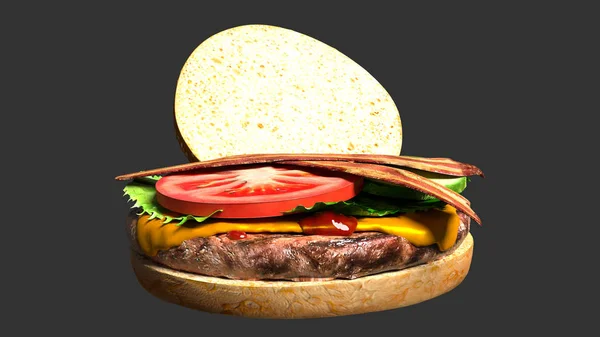 Классический Чизбургер Беконом Обычном Фоне Гамбургер Сыром Беконом Помидоры Огурцы — стоковое фото
