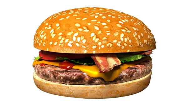 Классический Чизбургер Беконом Обычном Фоне Гамбургер Сыром Беконом Помидоры Огурцы — стоковое фото