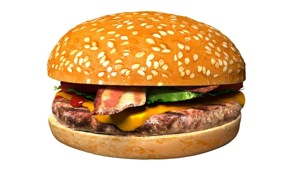 Düz arka plan üzerinde izole klasik pastırma peynirli burger. Hamburger peyniri ve pastırma, domates, turşu ve marul ile.