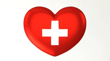 Kalp şeklindeki düğme PIN 3d çizim render bayrak İsviçre seviyorum