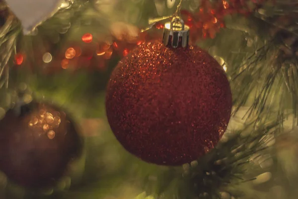 Macro Detail Christmas Decorations Hanging Christmas Tree Different Colors Shapes — Stock Photo, Image