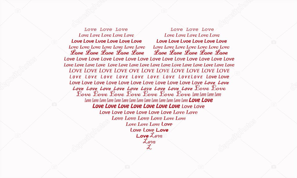 illustration drawing of heart filled with the word love in different letters red and White