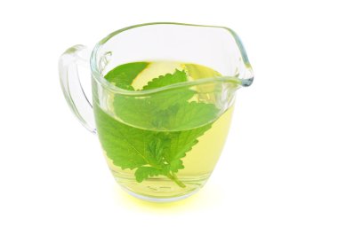 Oğul otu (Melissa) bir cam bardak bitkisel çay. Ayrıca Melissa Officinalis, ortak melisa nane. Beyaz arka plan üzerinde izole.