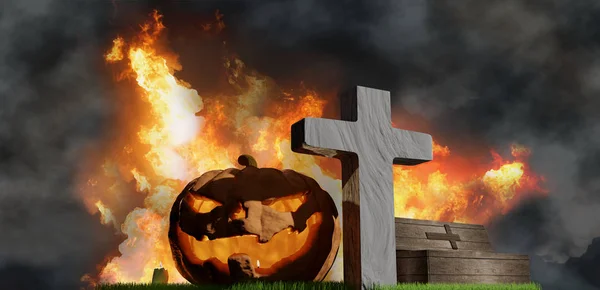 Halloween Pumpa Graven Kistan Och Fire Flames Bakgrund Illustration — Stockfoto