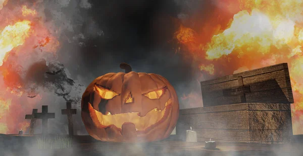 Halloween pumpkins tabut mezarlık sis ile halloween mezar çarpı ile ateş ve 3d-illüstrasyon yarasalar