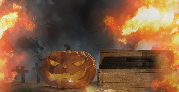 Halloween Kürbissarg Friedhof Mit Halloween Grabkreuz Und Feuerflammen Illustration — Stockfoto