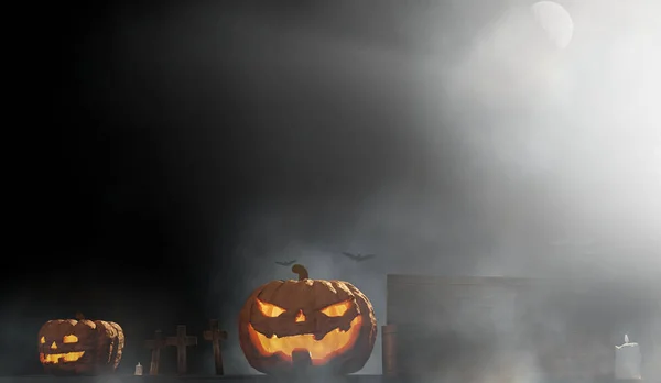 Halloween Pumpor Kista Kyrkogård Med Halloween Grav Kors Med Dimma — Stockfoto