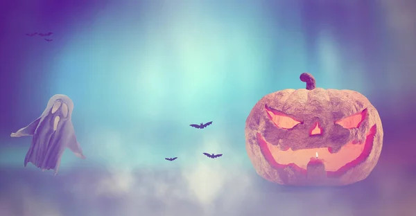 Halloween Kürbis Mit Fledermäusen Ein Gespenst Und Kreativer Nebelhintergrund Illustration — Stockfoto