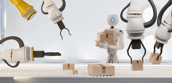 3d renderizado robots humanoides llevan cajas en cinta transportadora 3d-ill Fotos de stock