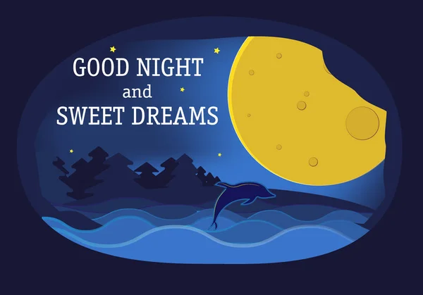 Kağıt Sanat moon, yunus ve gece yarısı yıldızlarda. Modern 3d origami kağıt sanat tarzı. Vektör çizim, karanlık gece gökyüzü