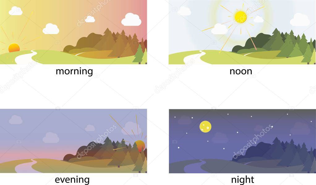 Visualization of various times of day. Morning, noon and night. Flat style vector illustrations