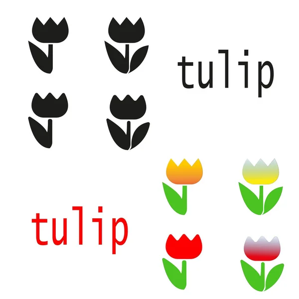 Vektör güzel siyah ve renk siluetleri Çiçek Lale seti. Beyaz arka planda yalıtılmış çizim