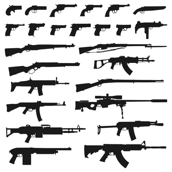 High quality vector set of 25 weapons silhouettes isolated on white background 