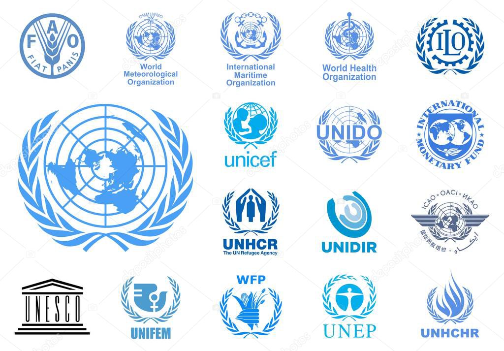 MILAN, ITALY - NOVEMBER 30, 2018: Vector high quality logo collection of the United Nations agencies isolated on white background