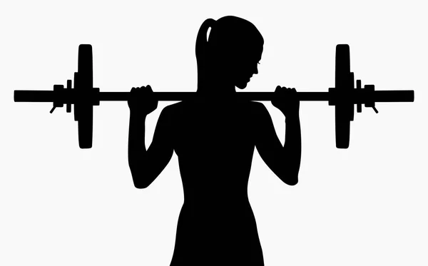 高详细的向量例证剪影女孩锻炼与杠铃在健身房查出在白色背景 — 图库矢量图片