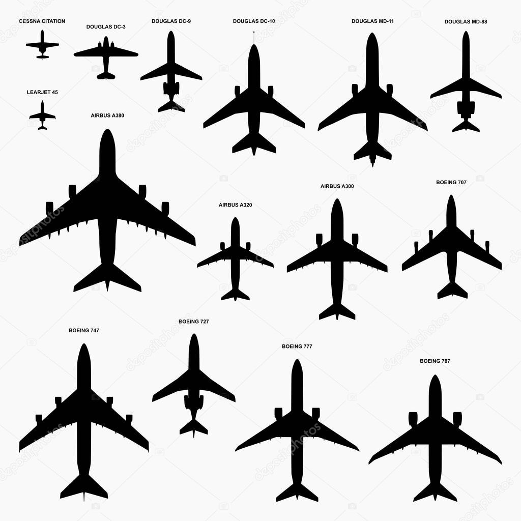 Vector collection of 15 passenger jetliners airplanes silhouettes top view isolated on white background