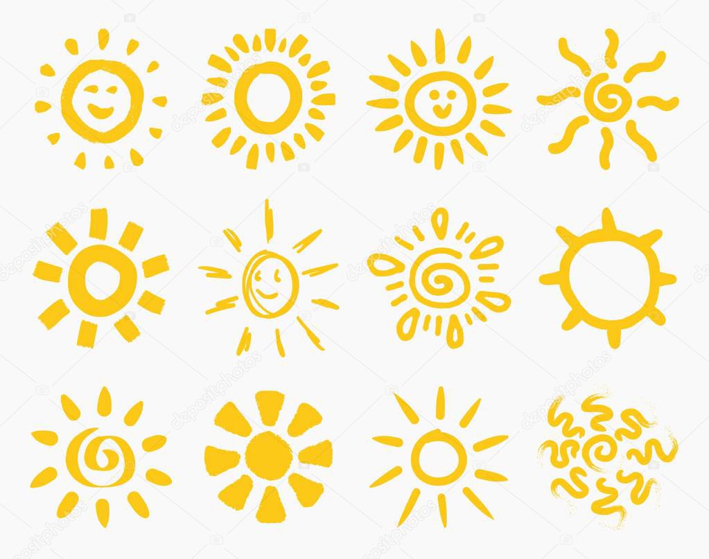 Vector set of 12 different hand drawn yellow sun illustrations isolated on white background