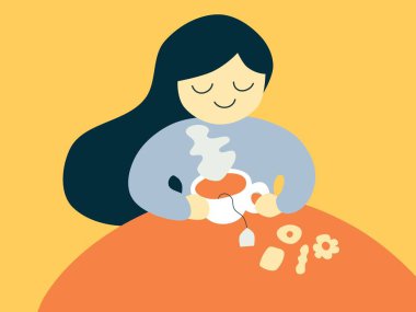 Sıcak çay içme gülümseyen bir çizgi film kız vektör kalın ve düz tarzı çizim