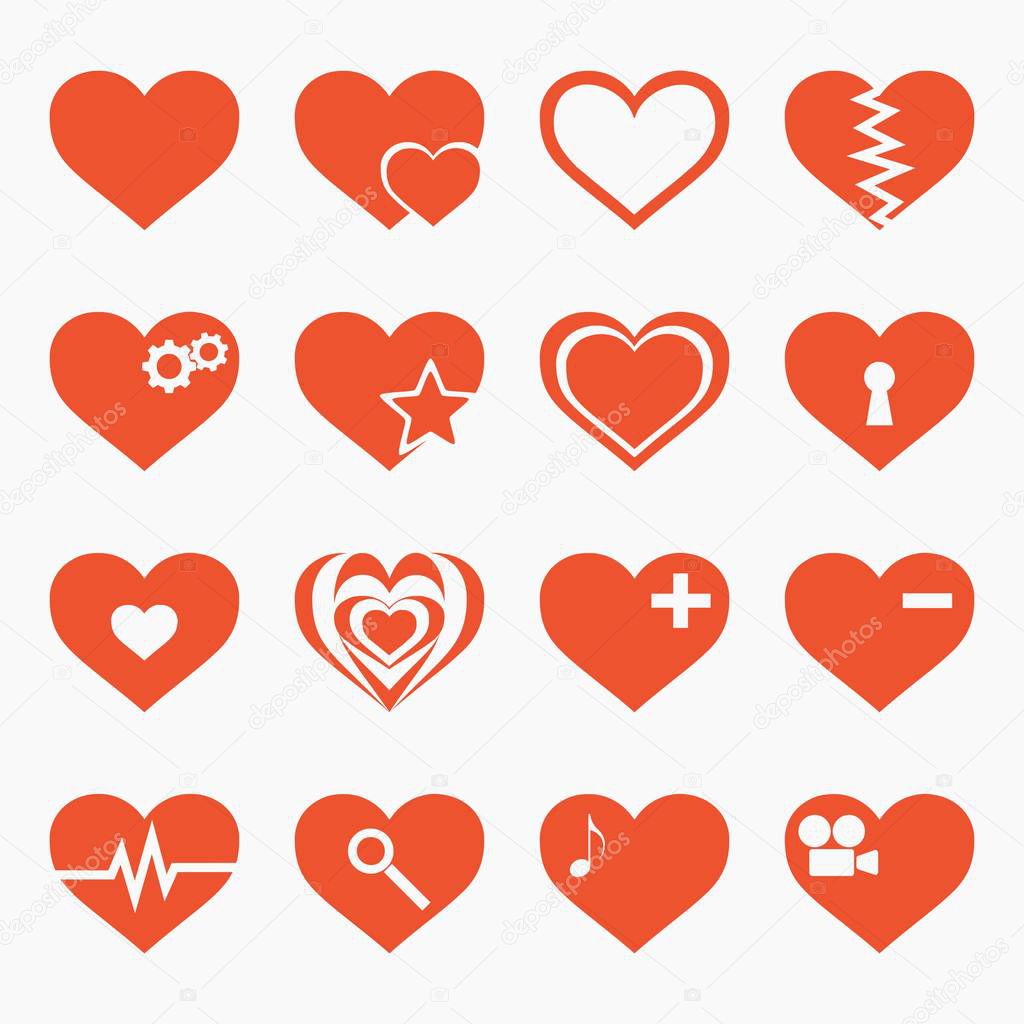 High quality set of 16 different hearts vector icons isolated on white background