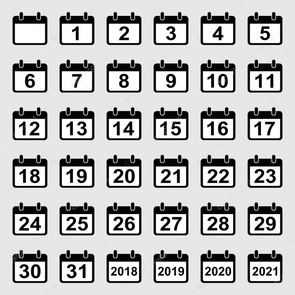 Vector set of 36 calendar icons with all 31 days isolated on white background