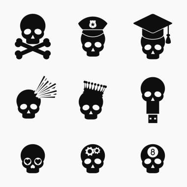 Vektör beyaz arka plan üzerinde izole 9, komik modern ve şık kafatası simgeler koleksiyonu ayarla
