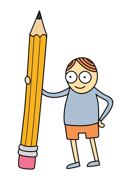 Ilustración Vectorial Del Niño Estilo Dibujos Animados Sosteniendo Lápiz Grande — Vector de stock