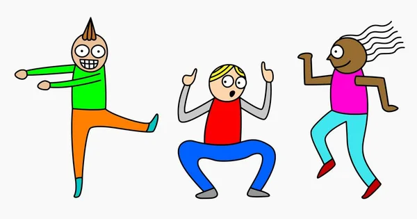 Ilustración Vectorial Tres Amigos Estilo Dibujos Animados Bailando Break Dance — Archivo Imágenes Vectoriales