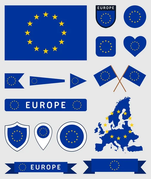 多くの欧州連合の旗のベクトル コレクション関連の多くの用途の異なる図形を含むイラスト — ストックベクタ