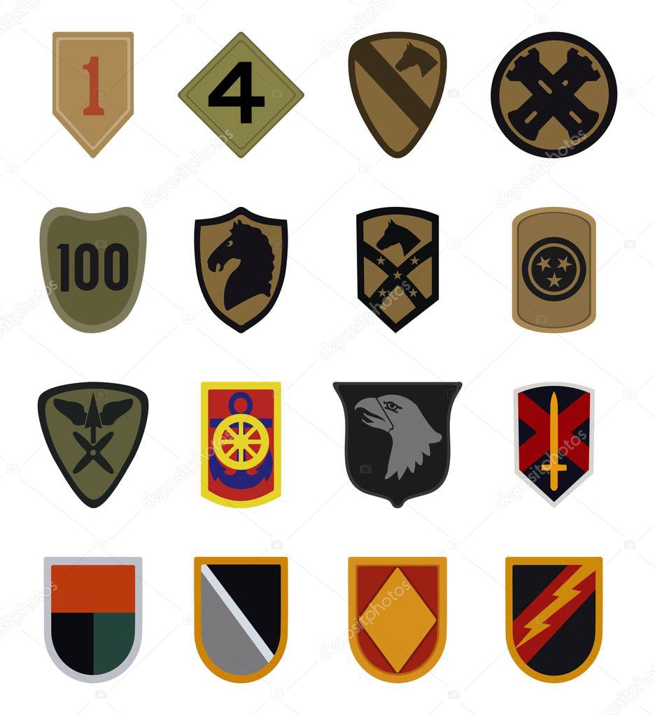Vector set collection of 16 military patches isolated on white background