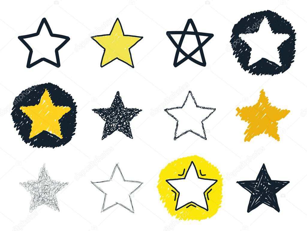 Vector collection of 12 hand drawn stars isolated on white background