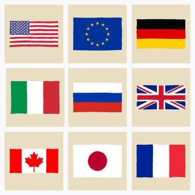 Sekiz grup (önde gelen sanayileşmiş ülkeler) bayrakları toplama el vektör çizim çizilmiş 