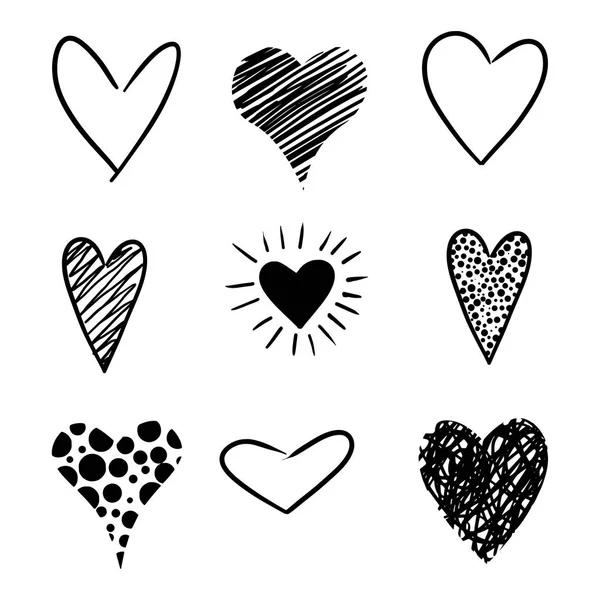 Εικονογράφηση Διάνυσμα Χέρι Διαφορετικές Καρδιές Διαφορετικά Στυλ Που Απομονώνονται Λευκό — Διανυσματικό Αρχείο