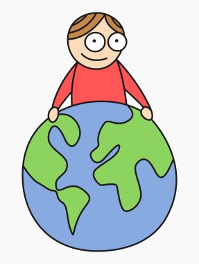 Vektör basit düz stil çizim gülümseyen sevimli beyaz arka plan üzerinde izole seyyare yerküre holding