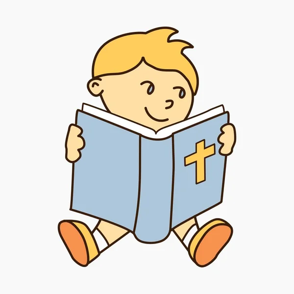 Vector Εικονογράφηση Της Ένα Μικρό Χαμογελαστό Παιδί Διαβάζοντας Βίβλο Που — Διανυσματικό Αρχείο