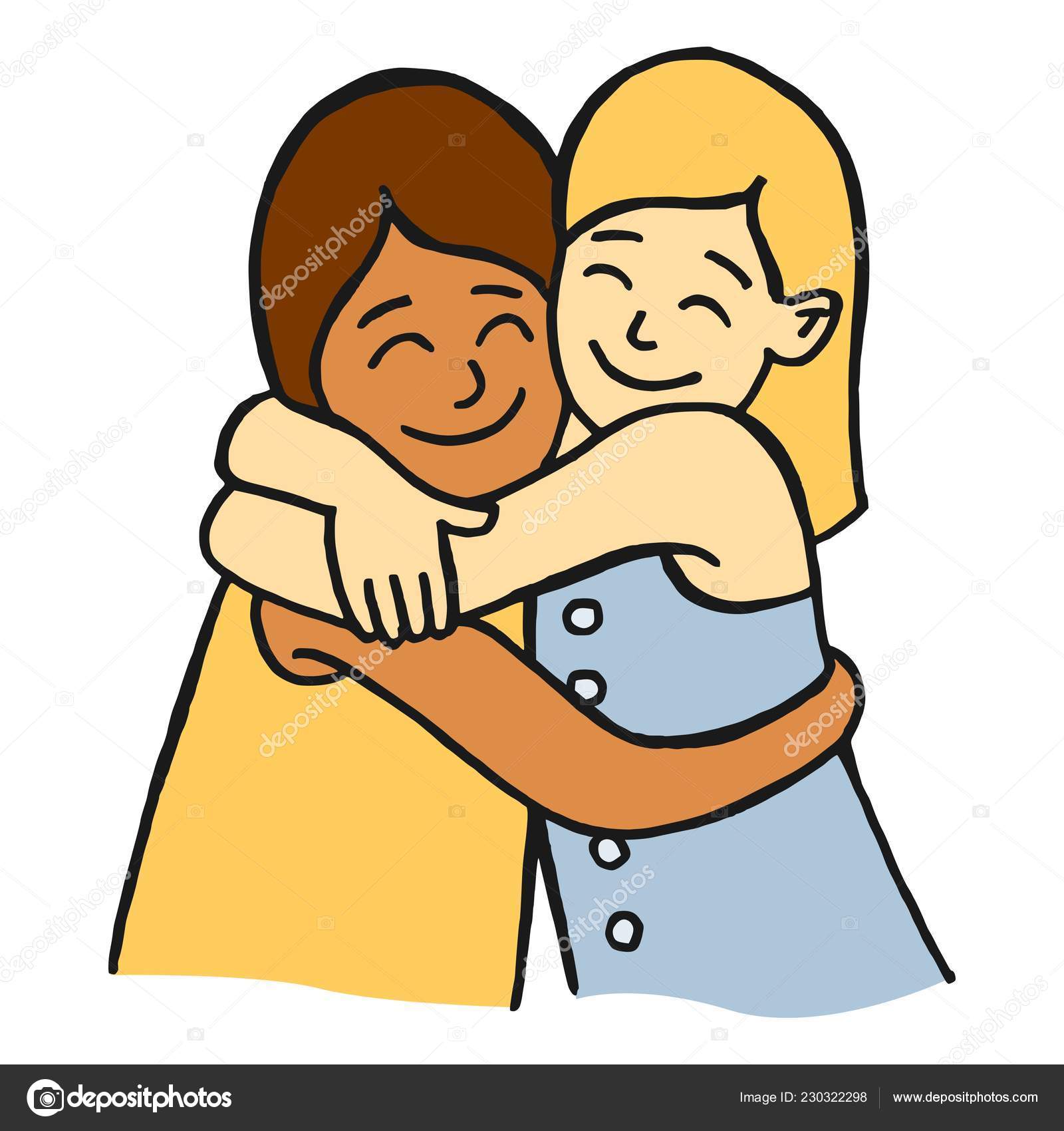Cartoon Style Vector Illustration Two Young Girls Friends Hugging Smiling -...