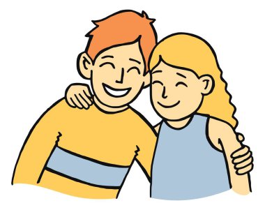 Mutlu bir çocuk ve bir sevimli gülümseyen kız sarılma vektör karikatür tarzı çizimi 