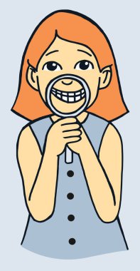 Gülüşü büyütmek bir Büyüteç Camı tutan küçük bir gülümseyen kız vektör karikatür tarzı çizim