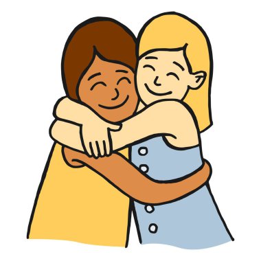 Cartoon style vector illustration of two young girls friends hugging and smiling representing the concept of friendship clipart