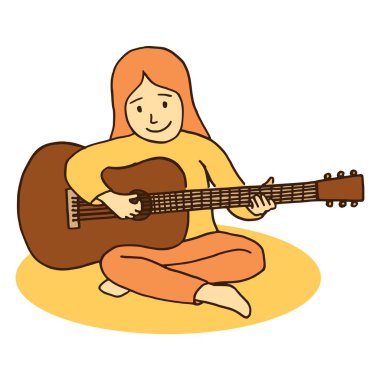 Genç bir kız çimlere oturup gitar çalmak vektör çocukça çizgi çizim