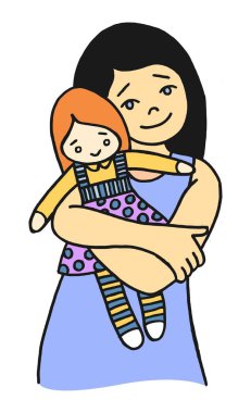 Onun en sevdiği oyuncak bebekle oynarken bir genç kız vektör çocukça karikatür çizim
