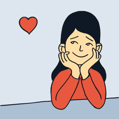 Onun ilk aşkı hayal bir gülümseyen kız vektör karikatür tarzı çizim