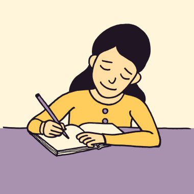 Vektör karikatür tarzı çizim masası'nı yazarken bir genç kız