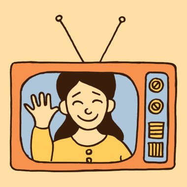 Vektör düz ve basit tarzı çizim bir vintage televizyon ekran içinde küçük bir güzel kız