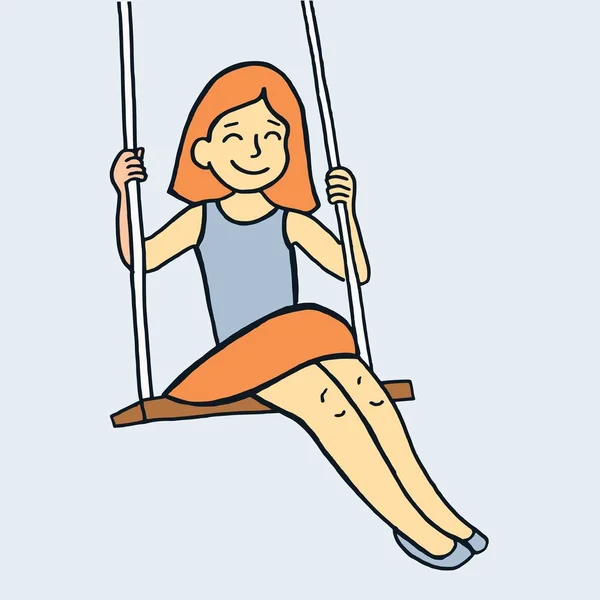 Vector Cartoon Classic Style Illustration Young Smiling Girl Playing Swing — Stock Vector