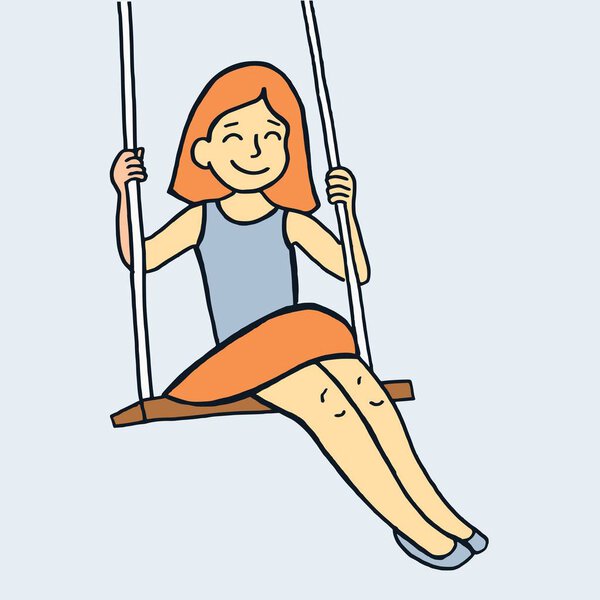 Vector cartoon classic style illustration of a young smiling girl playing on a swing