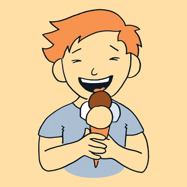 大きなアイスクリームを食べる子供の笑顔のベクトル漫画スタイルのイラスト — ストックベクタ