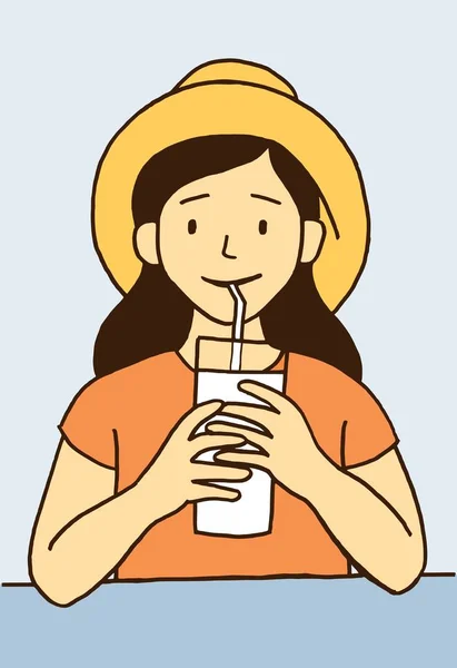 向量动画片样式例证一个小愉快的女孩与黄色帽子喝牛奶从一个大杯子 — 图库矢量图片