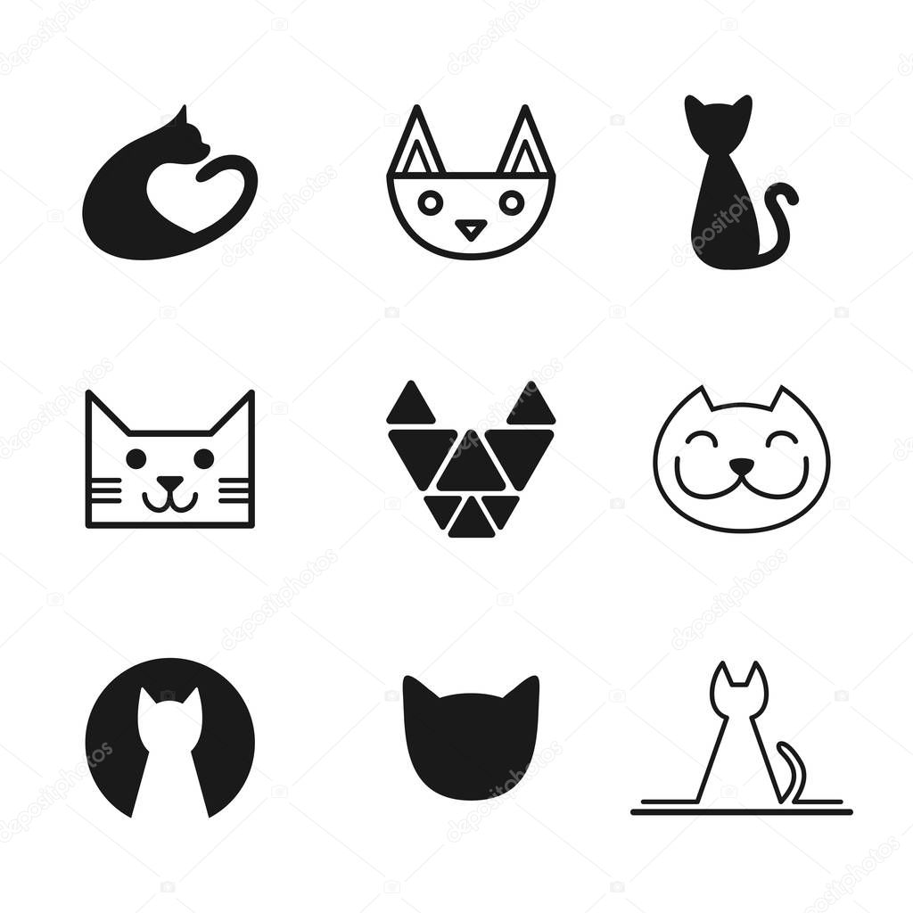 Vector set of flat style monochromatic logos with cat in many different styles