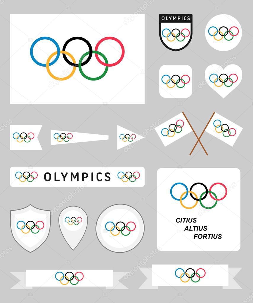 MILAN, ITALY - DECEMBER 7, 2018: Vector collection of olympic related flags and banners with different shapes